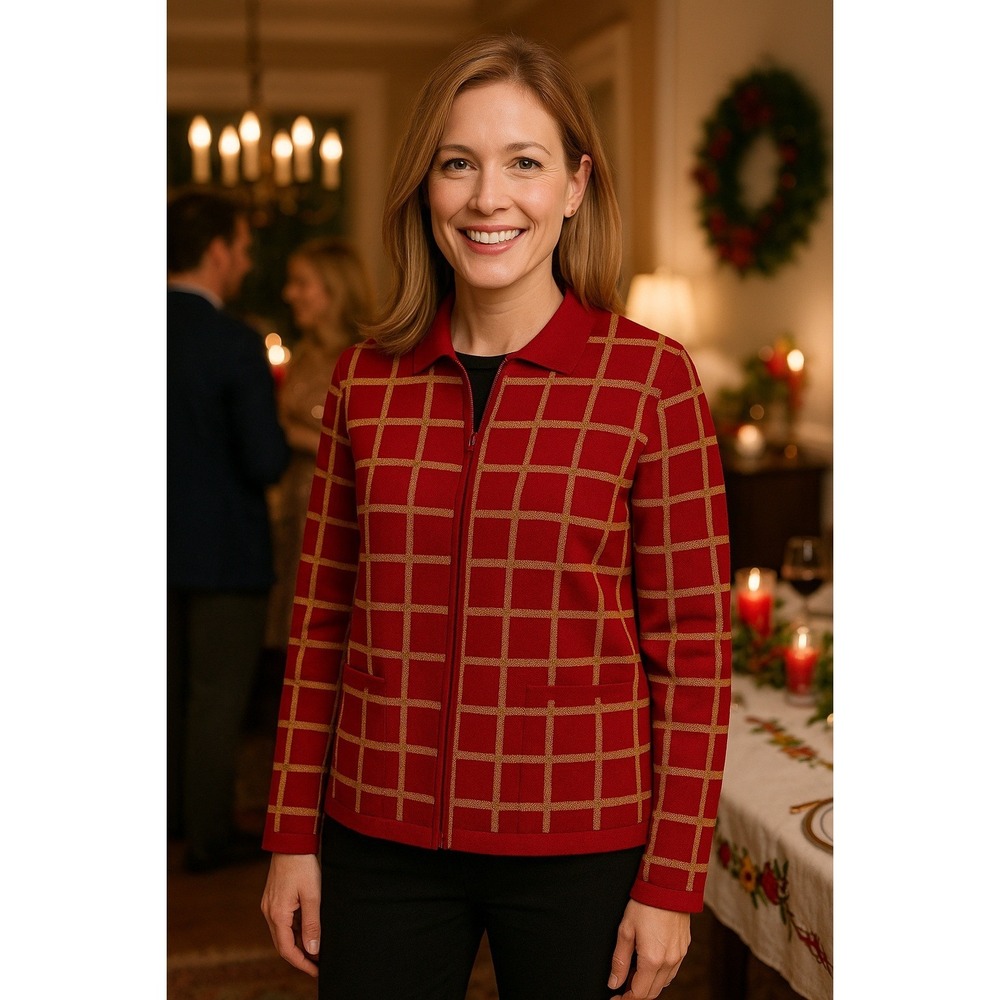 Karen Lessly Red Gold Plaid Zip Up Collar Sweater Women's Size‎ L